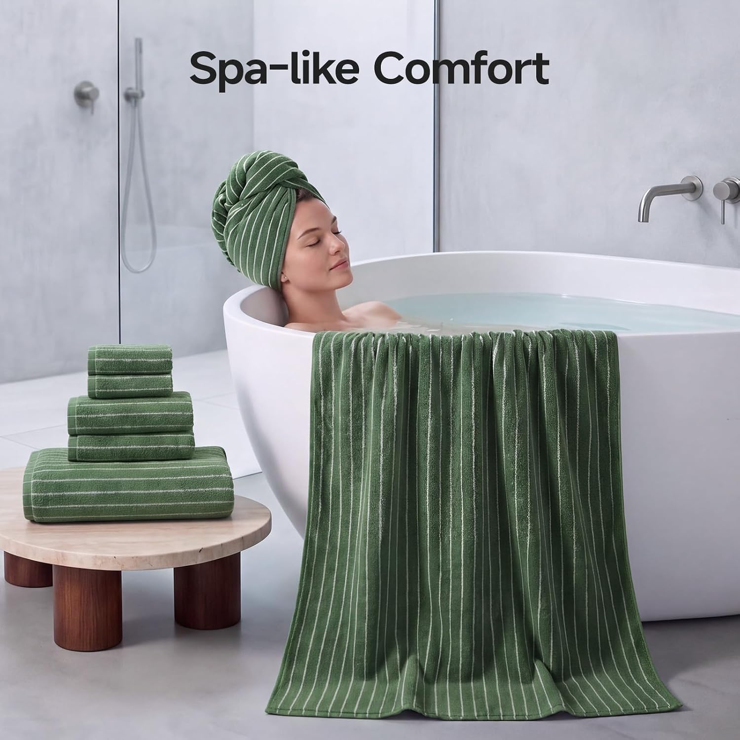 ecolook Premium Bath Towel Set of 6 Pieces – 100% Cotton, Super Absorbent & Quick Dry, Striped Towels for Bathroom, Spa & Swim – 2 Bath, 2 Hand, 2 Washcloths, Olive Green