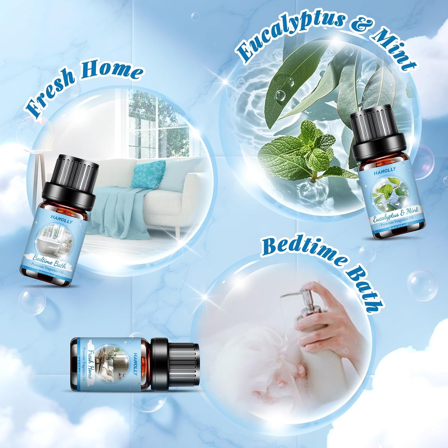 Essential Oils Set, Clean Scents Fragrance Oil Aromatherapy Essential Oils Kit for Diffuser (6x10ML) - Baby Powder, Bedtime Bath, Clean Cotton, Eucalyptus & Mint, Fresh Home, Fresh Linen Scented Oil