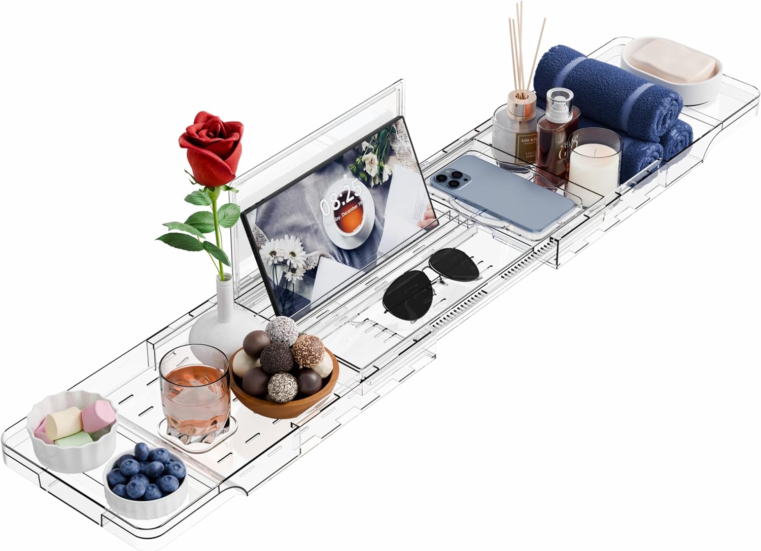 Yieach Luxury Clear Bathtub Shelf Across Tub,Expandable Plastic Bathtub Tray Over The Tub Bath Caddy,Free Standing Bath Table Board & Accessories for Women Relaxing with Reading Book and Ipad Holder