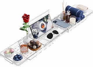 Yieach Luxury Clear Bathtub Shelf Across Tub,Expandable Plastic Bathtub Tray Over The Tub Bath Caddy,Free Standing Bath Table Board & Accessories for Women Relaxing with Reading Book and Ipad Holder