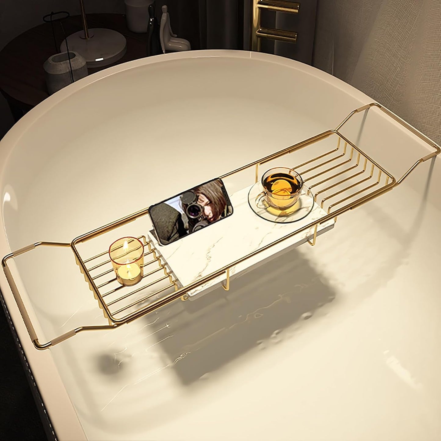 Expandable Bathtub Tray Caddy with Natural Marble Board & Stainless Steel Frame - Versatile Bathroom Rack for Books Wine Tablets - Fits Most Tubs Perfect for Relaxation-Gold