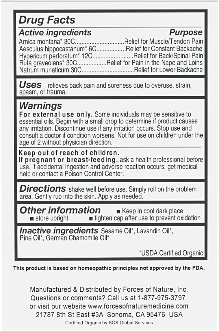 Forces of Nature Natural, Organic Back Pain Relief, w/Arnica & St John's Wort, Fast Acting Anti-Inflammatory Topical Muscle Soother for Lower Back, Sciatica, Neck, Non-GMO, Cruelty-Free, 0.14 Fl Oz