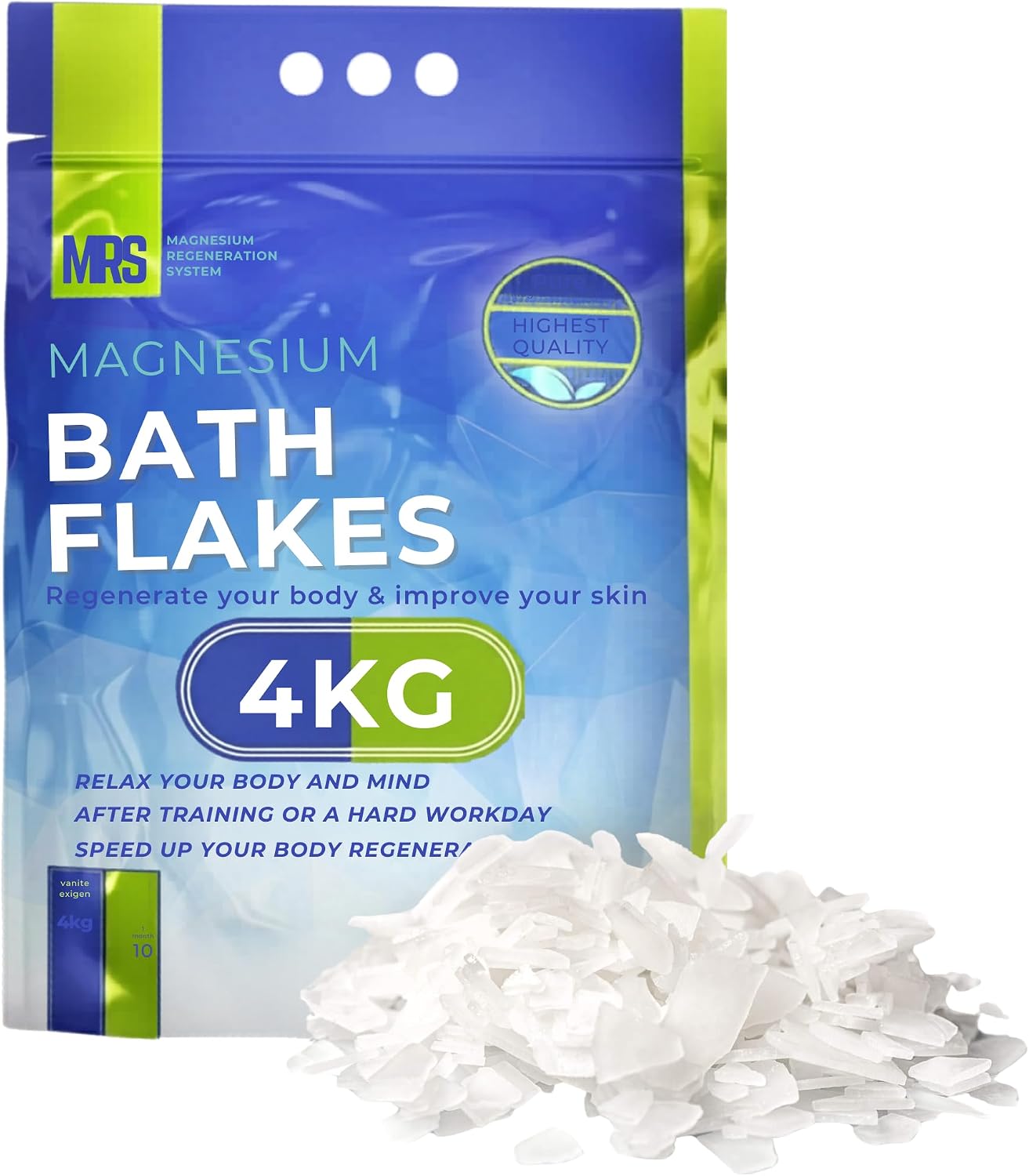 Finest Magnesium Bath Flakes, Bath Salts, Epsom Salt, Body Muscle and Foot Soak, Regenerate Body and Mind, MRS Magnesium Regeneration System, 4kg - 8.8 lb