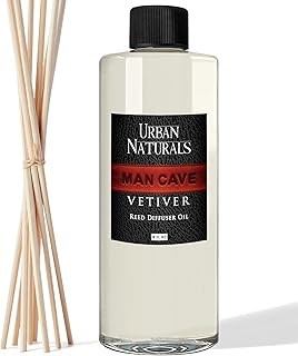 Urban Naturals Reed Diffuser Oil Refill Man Cave Vetiver with Oud, Amber, Frankincense 8 oz + Free Reed Sticks, Made in the USA