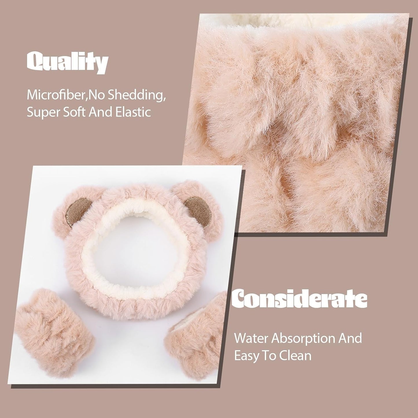 cobee 3 Pcs Bear Ears Face Wash Headband, Skincare Headband And Face Wash Wristbands, Cute Soft Elastic Makeup Headbands Brown For Women's Facial Makeup, Skincare, Spa, And Washing