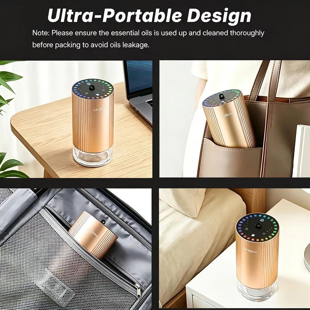 Waterless Car Diffuser for Essential Oils Wireless Battery Operated Car Diffuser Portable Cordless 60ML Air Freshener Diffuser 3 Timers & 3 Mist Levels for Car Home Bedroom Travelling (Gold)