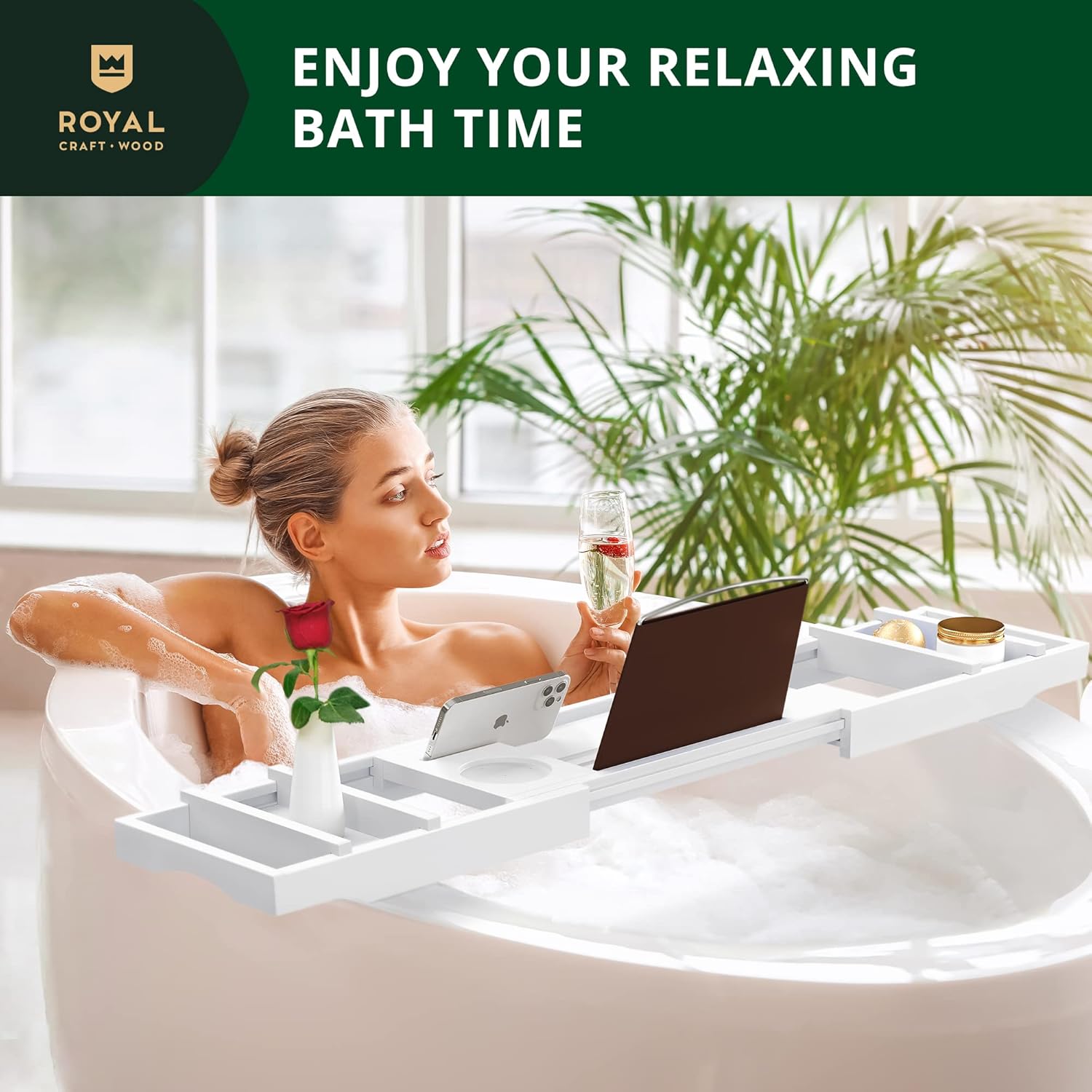 ROYAL CRAFT WOOD Premium Foldable Bathtub Tray Caddy - Wood Bath Tray for Tub, Bamboo Shelf, Expandable Bath Table Trays, Bathtub & Bathroom Accessories for New Home & Mothers, Birthday Gifts for Mom