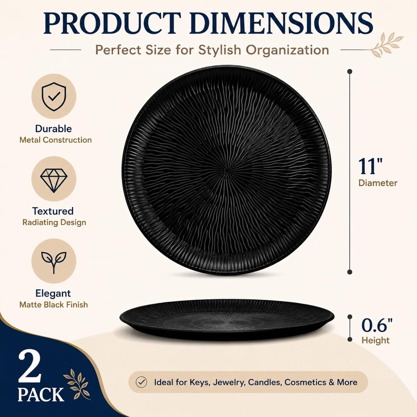 2 Pack Candle Holder Tray, 11 Inch Metal Decorative Tray with Corrugated Edge, Round Vanity Tray for Perfume Jewelry, Counter Organizer Serving Tray for Coffee Table Centerpiece Kitchen