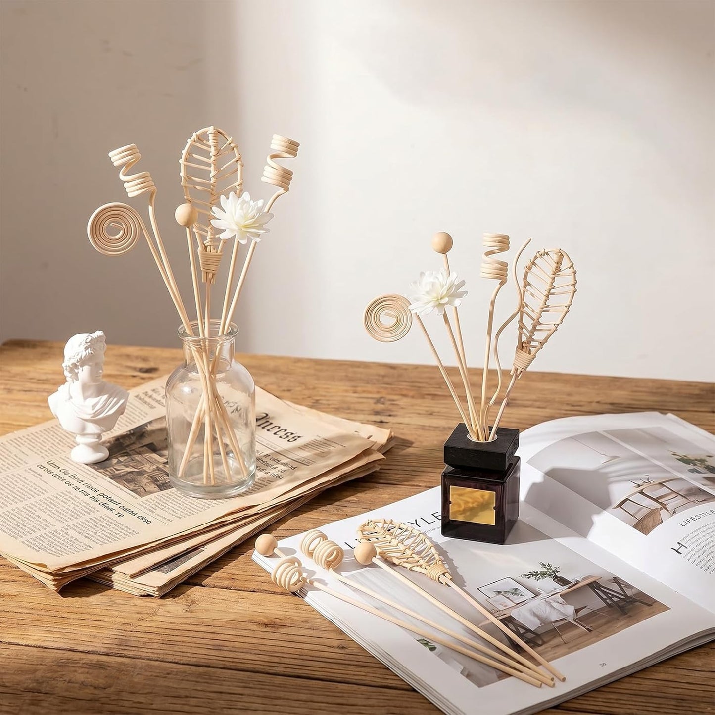 12 PCS Reed Diffuser Stick Rattan Flower Reed Fragrance Diffusers Set, 6 Style Natural Rattan Wood Oil Diffuser Sticks Replacement Refill Sticks for Living Room, Bathroom, Bedroom, Office, Home Decor