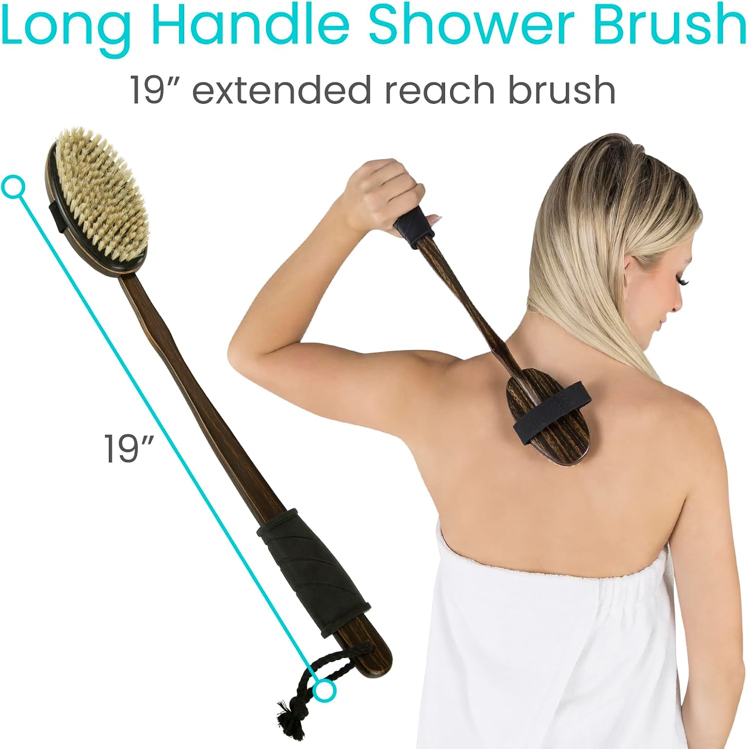 Vive Dry Brush Set for Lymphatic Drainage (3 Pack) - Brushing Scrubber for Exfoliating, Body Cellulite and Skin Massage - 100% Natural Boar Hair Bristles, 19” Long Dark Wooden Handle w/Storage Bag