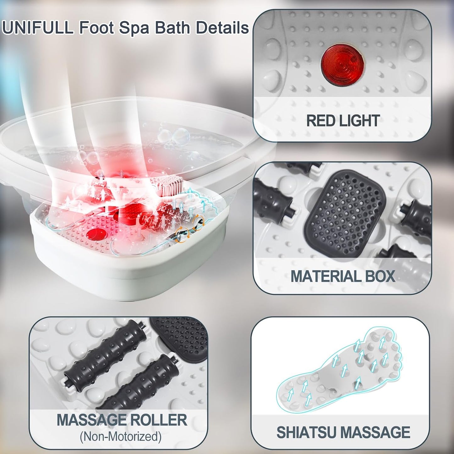UNIFULL Foot Spa Bath with Heat and Temperature Control, Massager Roller, Bubble, Remote Control, Pedicure Kit, Red Light, Large Heating Foot Bath-White