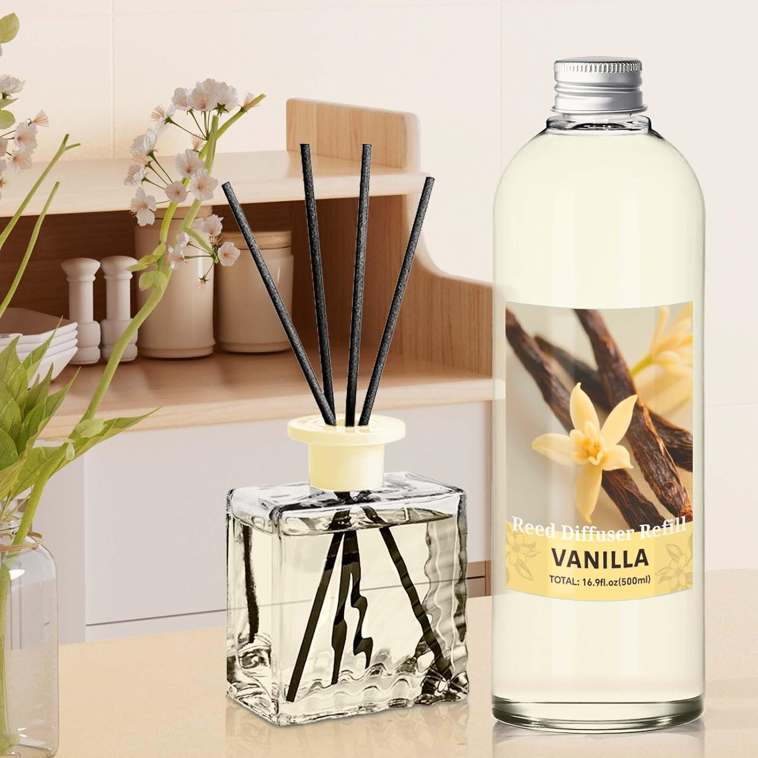 STRN Reed Diffuser Refill, Vanilla Scent Diffuser 500ml | 16.9 oz with 6 Reed Sticks, Room Fresheners for Home, Long-Lasting Fragrance for Living Room, Bedroom, Office, Home Décor