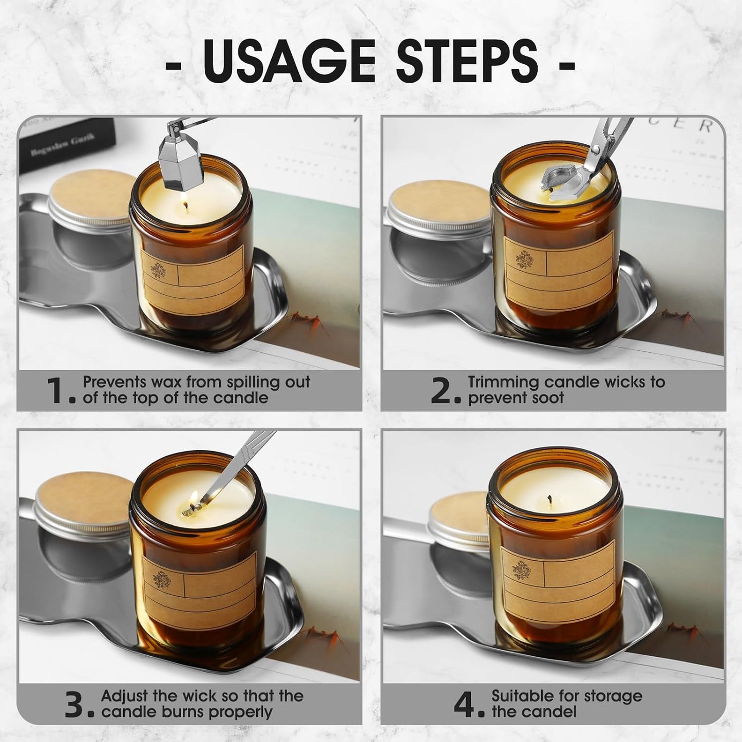 PATOISE 4 in 1 Candle Accessory Set, Wick Trimmer, Candle Snuffer, Wick Scoop, Storage Tray, Perfect for Candle Lovers (Silver)