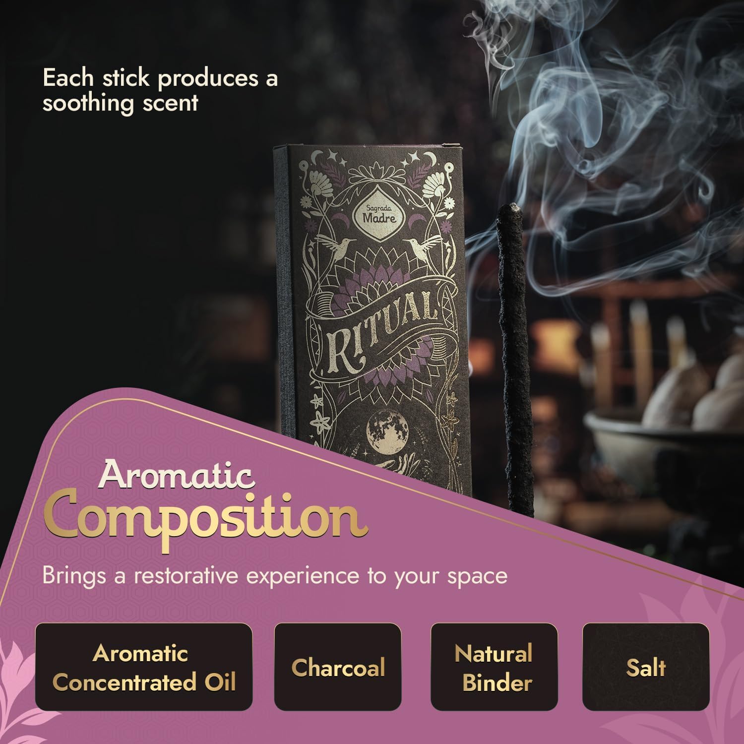 Ritual - Full Moon Incense Sticks, Expresses Your Intentions and Desires, 6 Sticks, 9 Inches Each, Natural Incense with Aromatic Concentrated Oil, Charcoal, Natural Binder & Salt - 1 Hour Burn Time