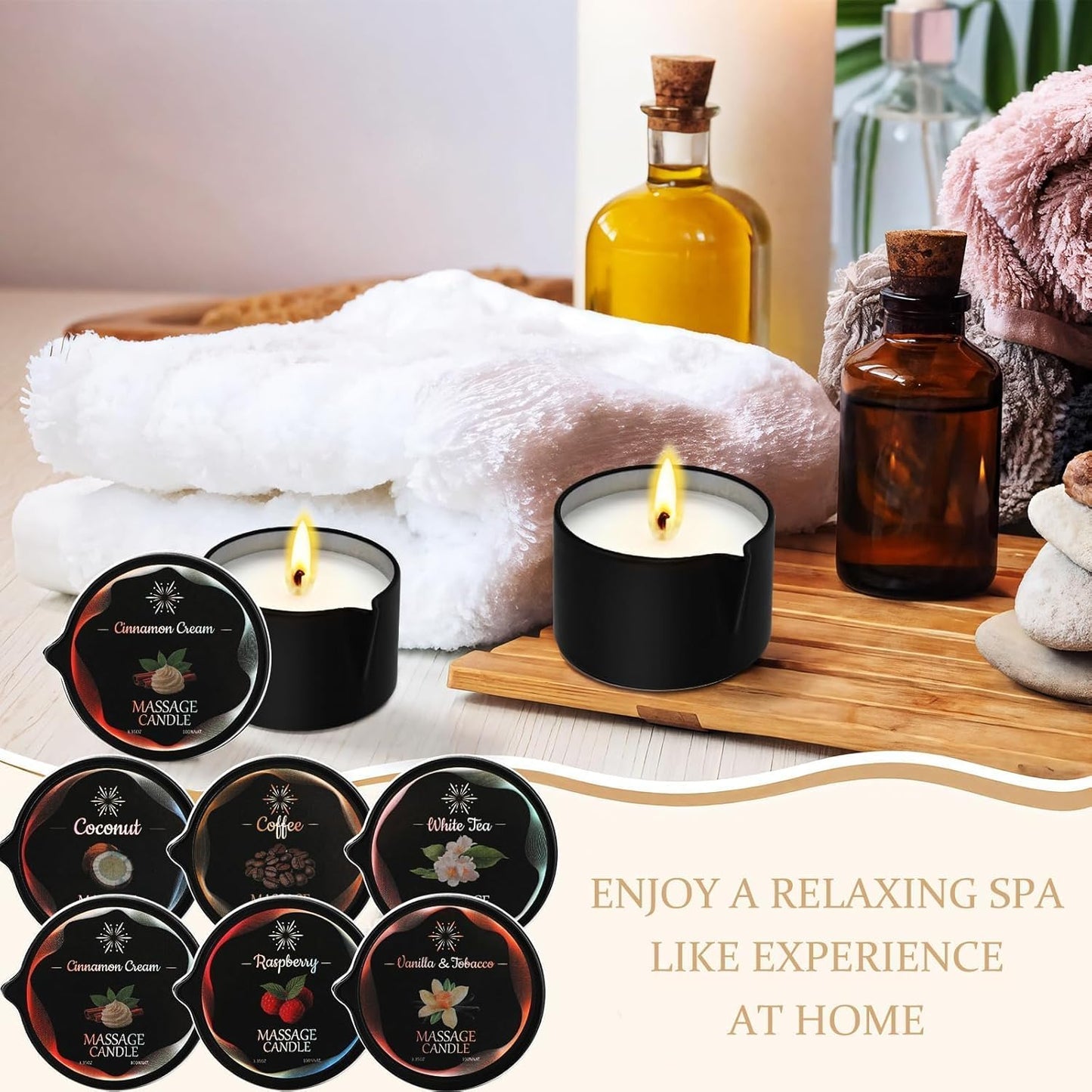 6 Pack Massage Oil Candles Set, Low Temp Soy Based Massage Candles for Massage Therapy, Relaxation & Skin Moisturizing, Assorted Scents for Home Spa Self Care