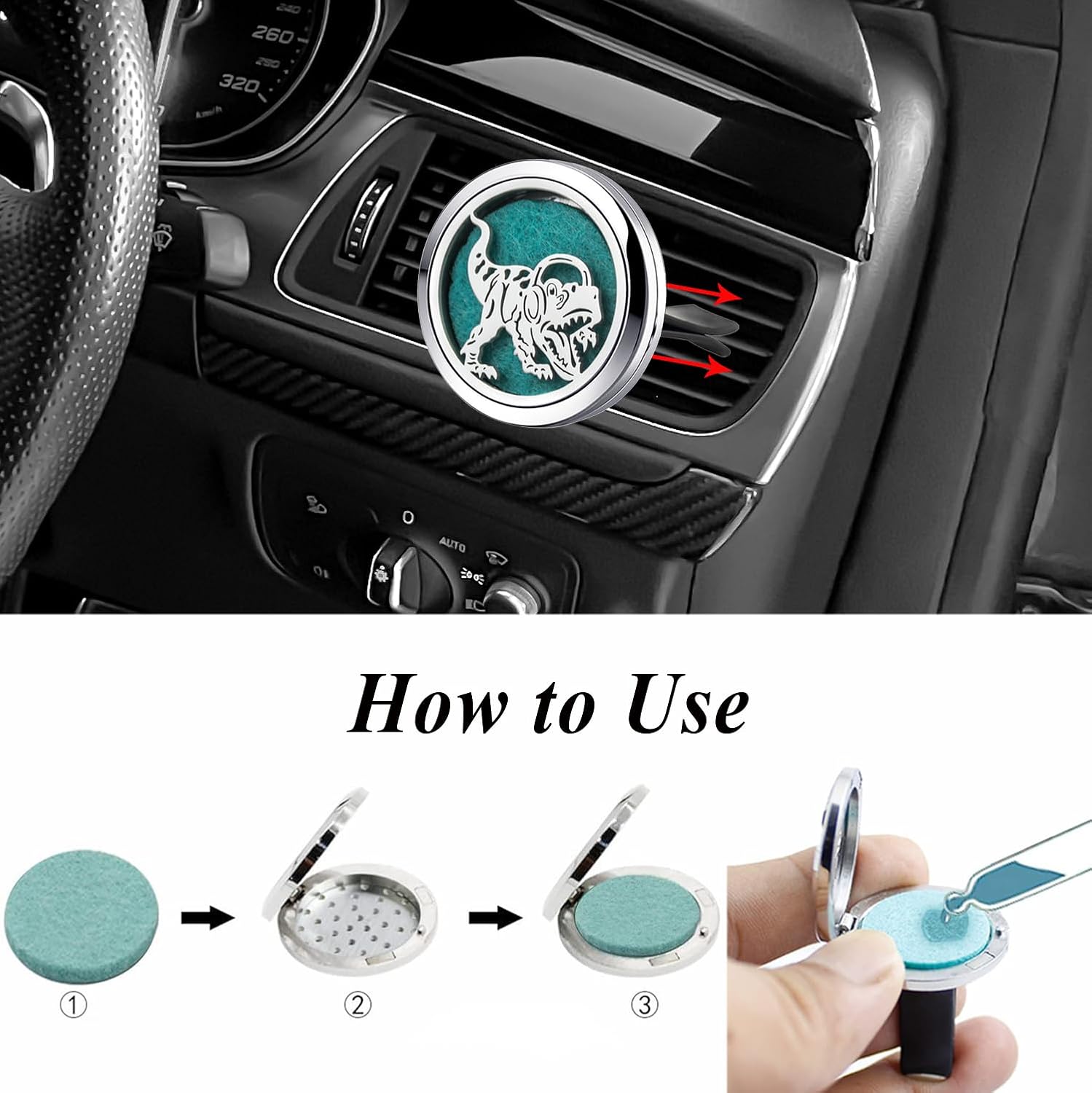 Dinosaur Essential Oil Diffuser for Car Accessories Dragon,Stainless Steel Locket with Vent Clip 10 Felt Pads Gift for Women Men