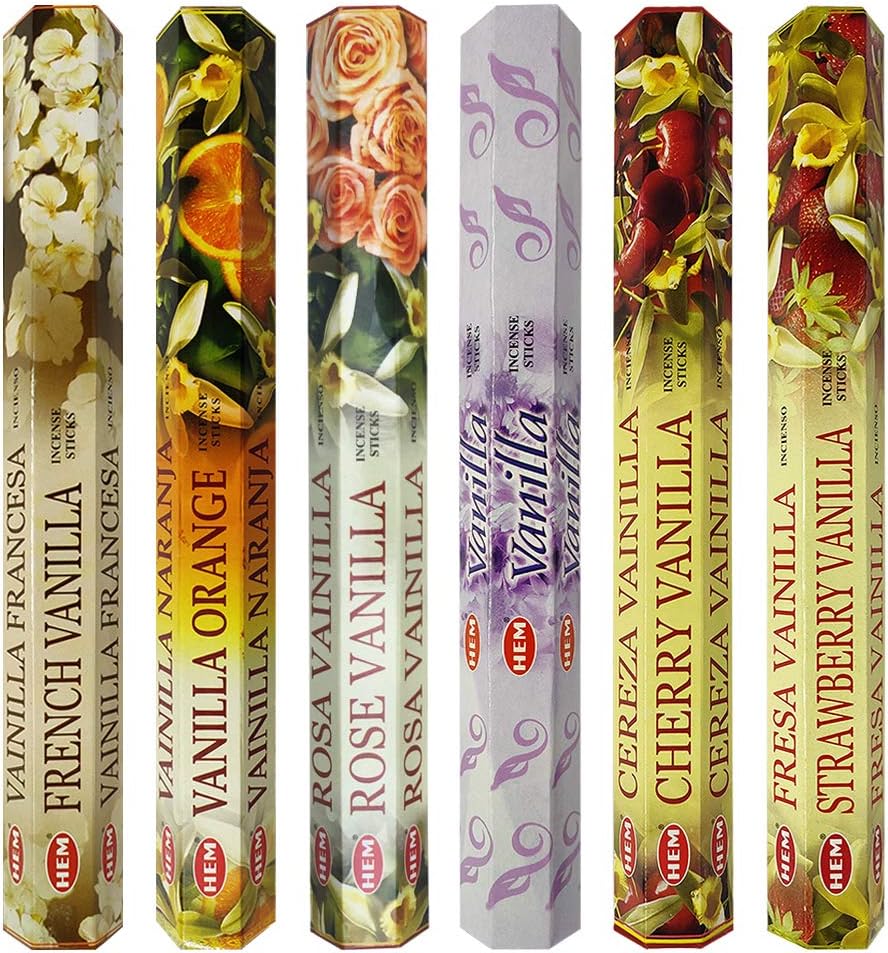 Hem Incense Sticks Variety Pack #18 and Incense Stick Holder Bundle with 6 Vanilla Fragrances