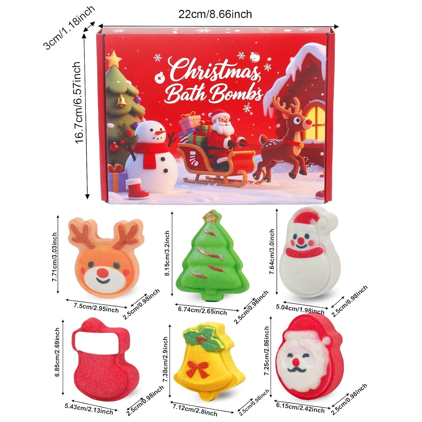 Christmas Bath Bombs for Kids, 6 Festive Shapes, Stocking Stuffer Gift Set | 6 large Christmas bath bombs offer a fuller soak with colorful fizz and scents, ideal gifts for kids and stocking stuffers