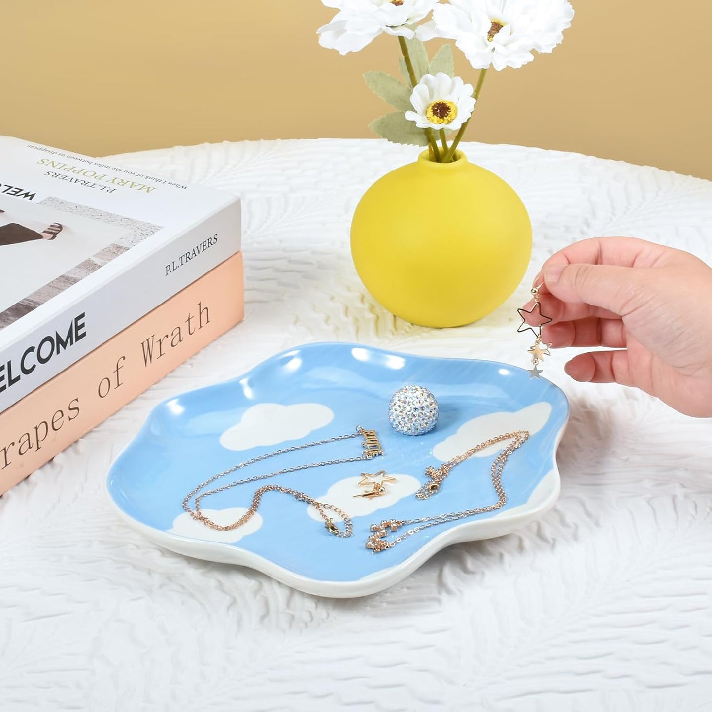 Koythin Jewelry Tray, Ceramic Jewelry Dish Trinket Tray Organizer, Clouds Aesthetic Decorative for Kitchen, Bathroom (Blue Sky and White Clouds)