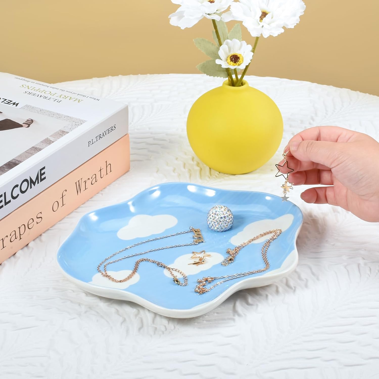 Koythin Jewelry Tray, Ceramic Jewelry Dish Trinket Tray Organizer, Clouds Aesthetic Decorative for Kitchen, Bathroom (Blue Sky and White Clouds)