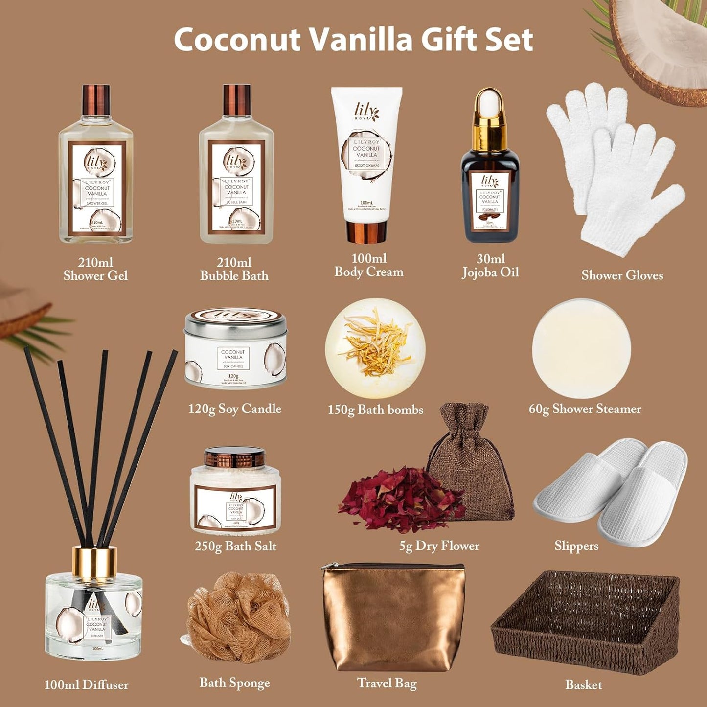 Coconut Vanilla Spa Gift Set, Complete Spa Bath Gift Basket for Women & Men
