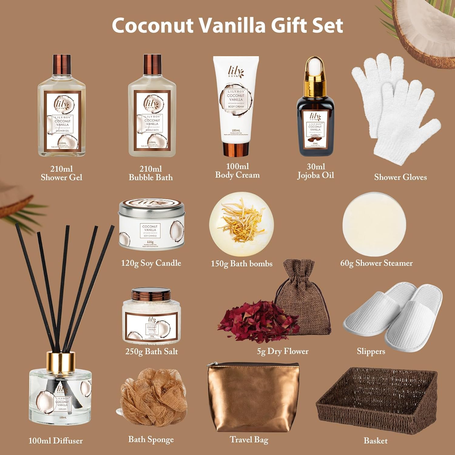 Coconut Vanilla Spa Gift Set, Complete Spa Bath Gift Basket for Women & Men