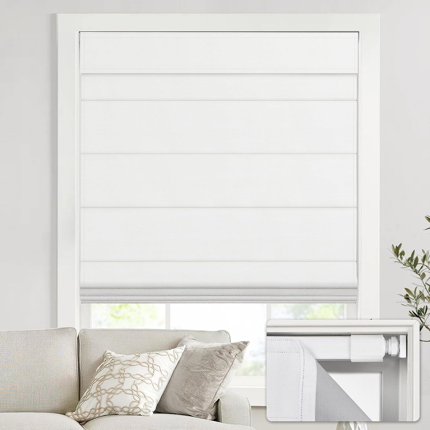 UNISHADES no Drill Cordless Roman Shades for Windows, 33" W × 64" H - 100% Blackout - Linen - Mist White