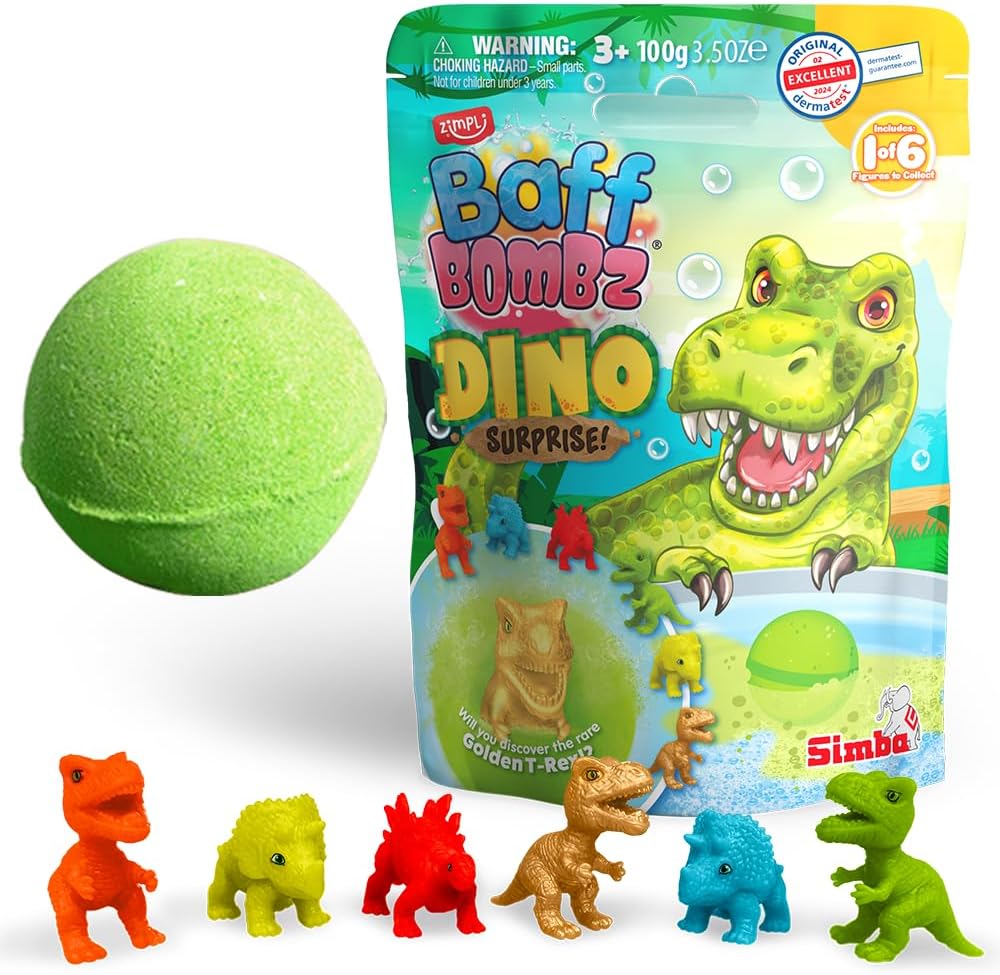 Zimpli Kids Large Dino Surprise Bath Bomb, 1 of 6 Surprise Dinosaur Toys to Collect, One per Baff Bomb, Mystery Toys for Boys & Girls, Collectable Gifts for Kids Aged 3 and up