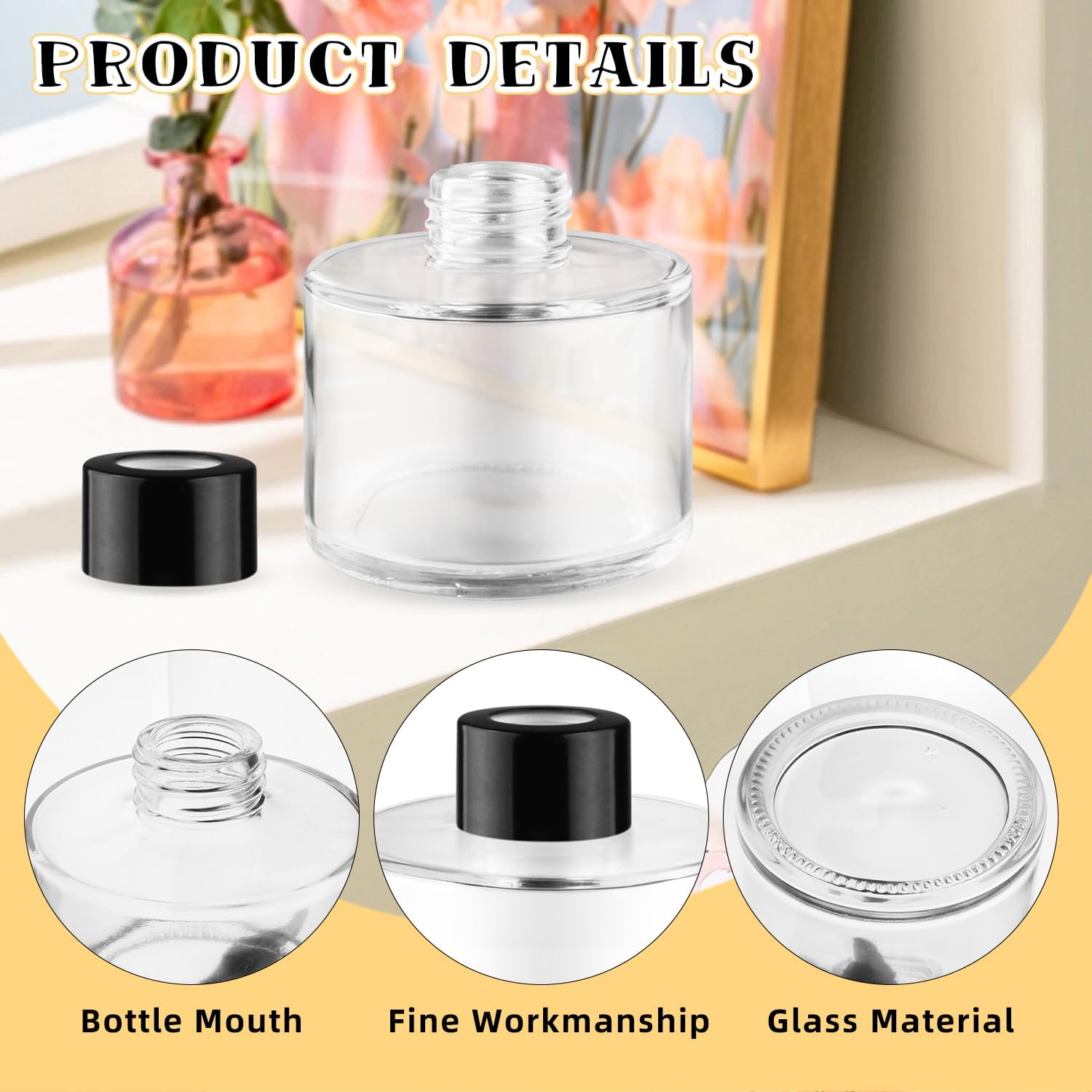 6 Pcs Glass Diffuser Clear Refillable Round Glass Diffuser with Black Lids for Aromatherapy Fragrance DIY Replacement Essential Oils Crafts - 100ml/3.4oz