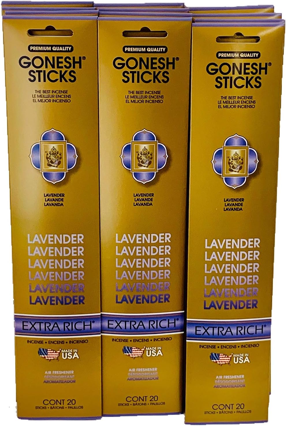 Gonesh Incense Sticks Extra Rich Collection Lavender 12 Pack (20 Sticks/Pack)