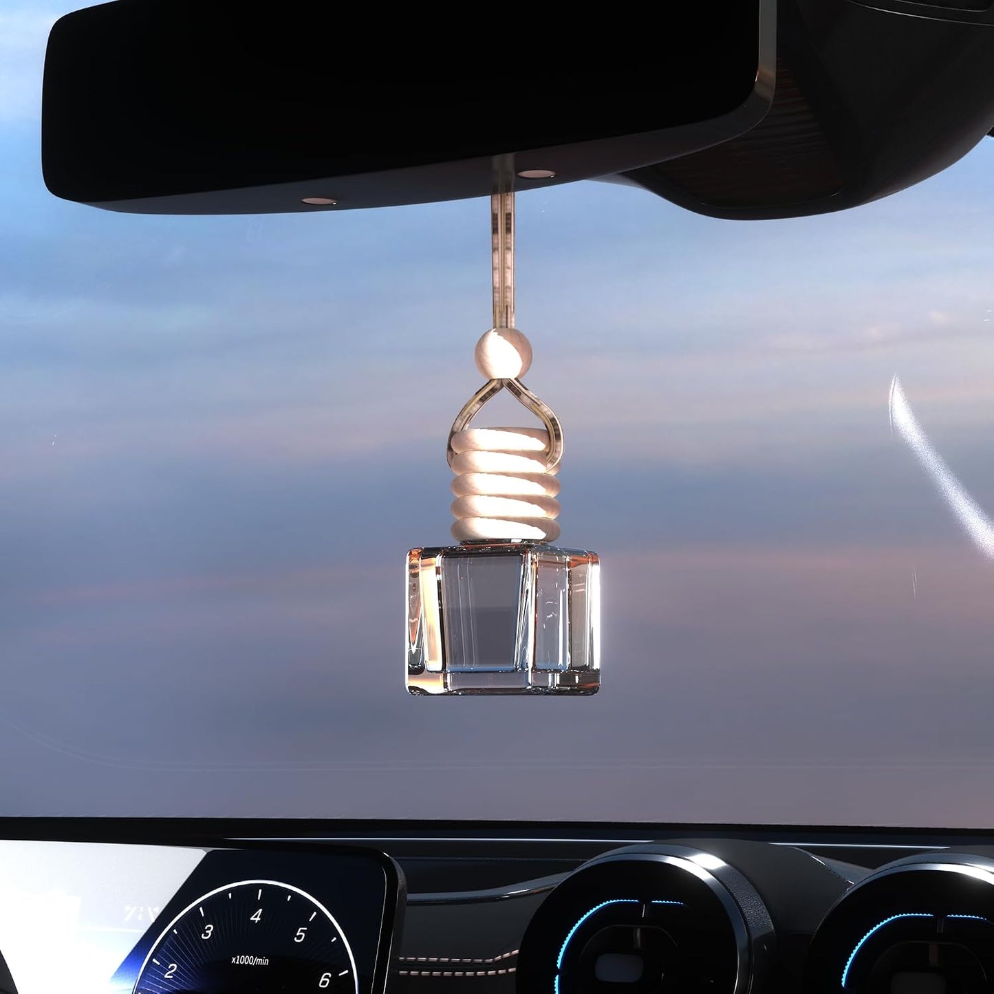 5PCS Hanging Car Air Freshener, Auto Interior Decoration 8 ml Oil Diffuser Perfume Aromatherapy Pendant Empty Glass Bottle, Fragrance Ornament with Vent Clip Wooden Cap and Rope (Square)