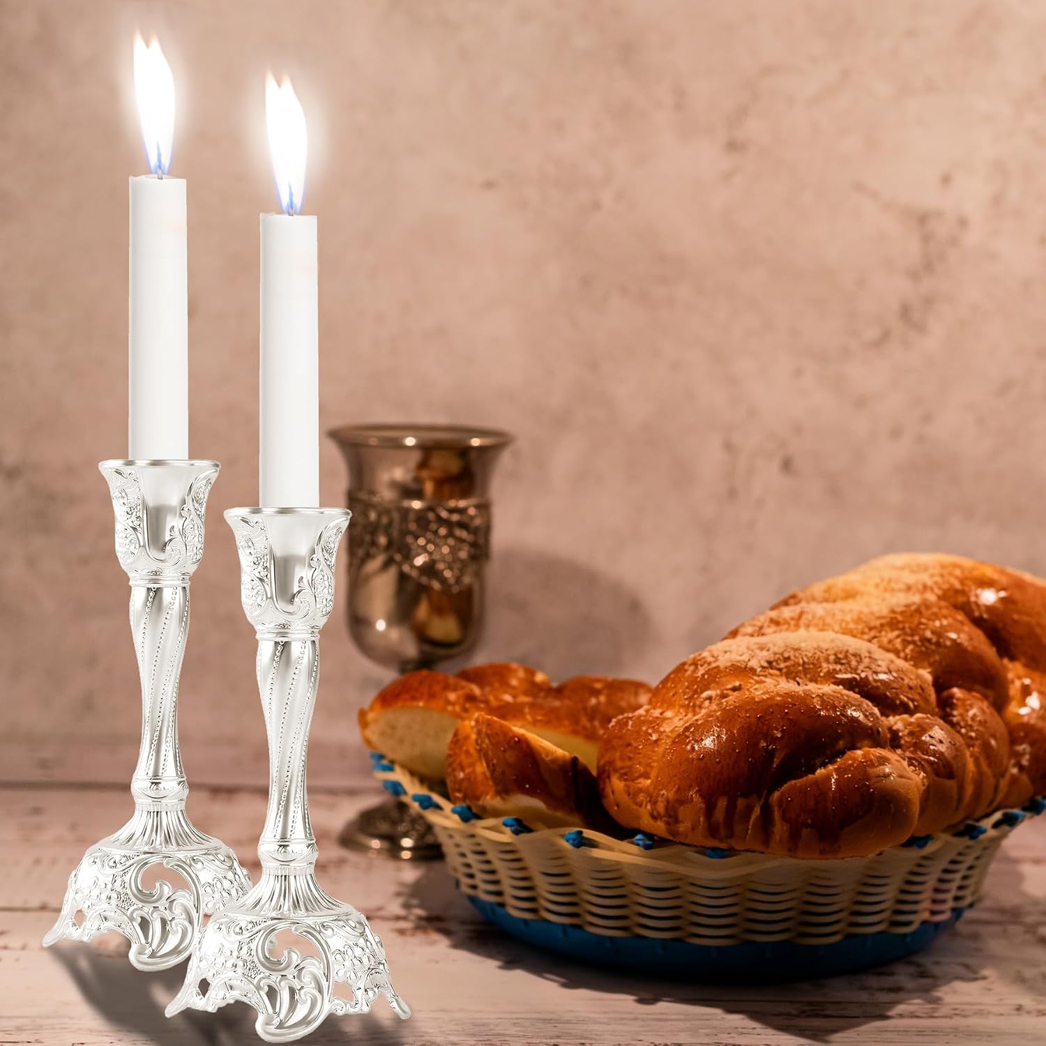 Shabbat Candles Holders Set of 2 - Silver Plated Shabbat Candlesticks, Vintage Silver Jewish Holder for Shabbos Candles, Havdalah Gifts for Holiday (Silver)