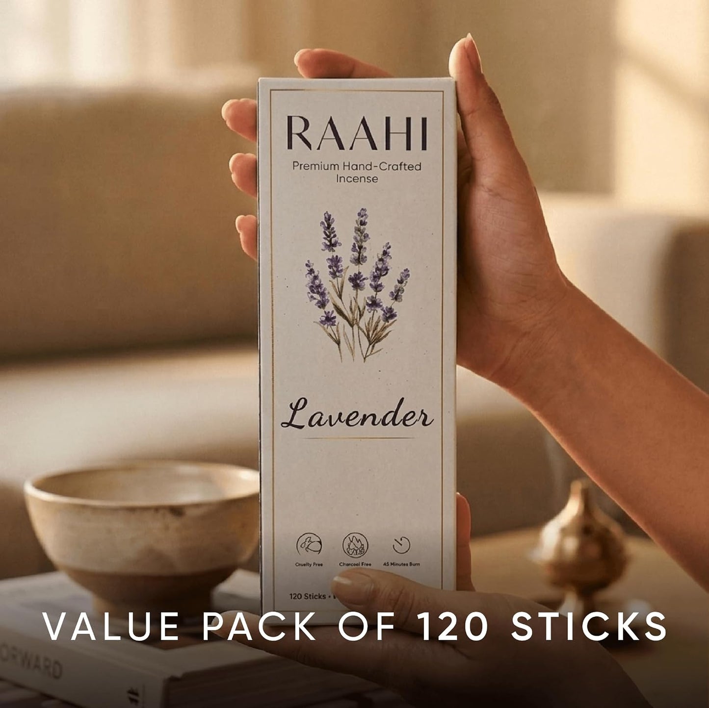RAAHI Lavender Incense Sticks with Holder, 120 Count, Handcrafted Scented Incense for Home Fragrance, Meditation, Yoga and Room Ambiance