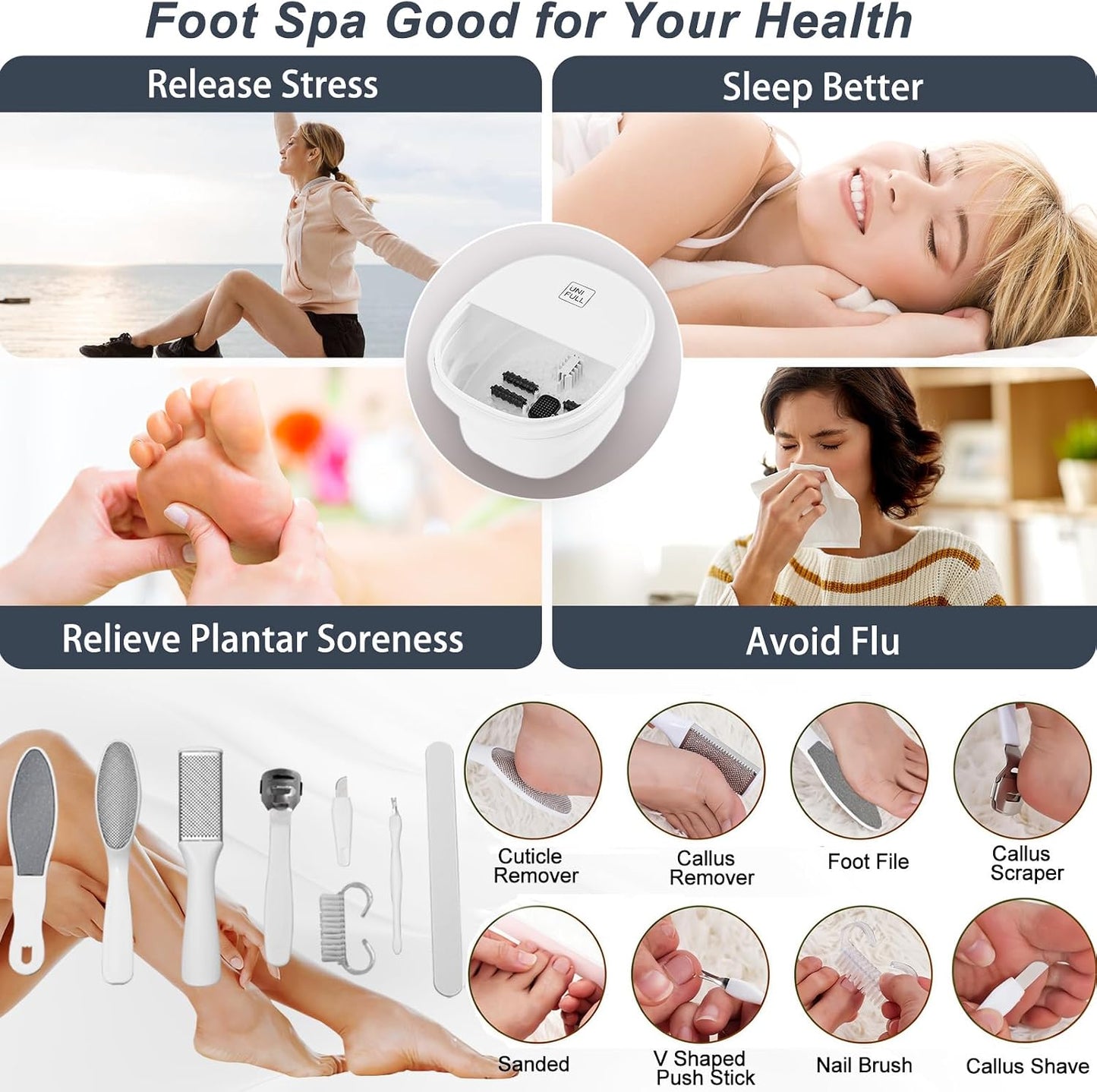 UNIFULL Foot Spa Bath with Heat and Temperature Control, Massager Roller, Bubble, Remote Control, Pedicure Kit, Red Light, Large Heating Foot Bath-White