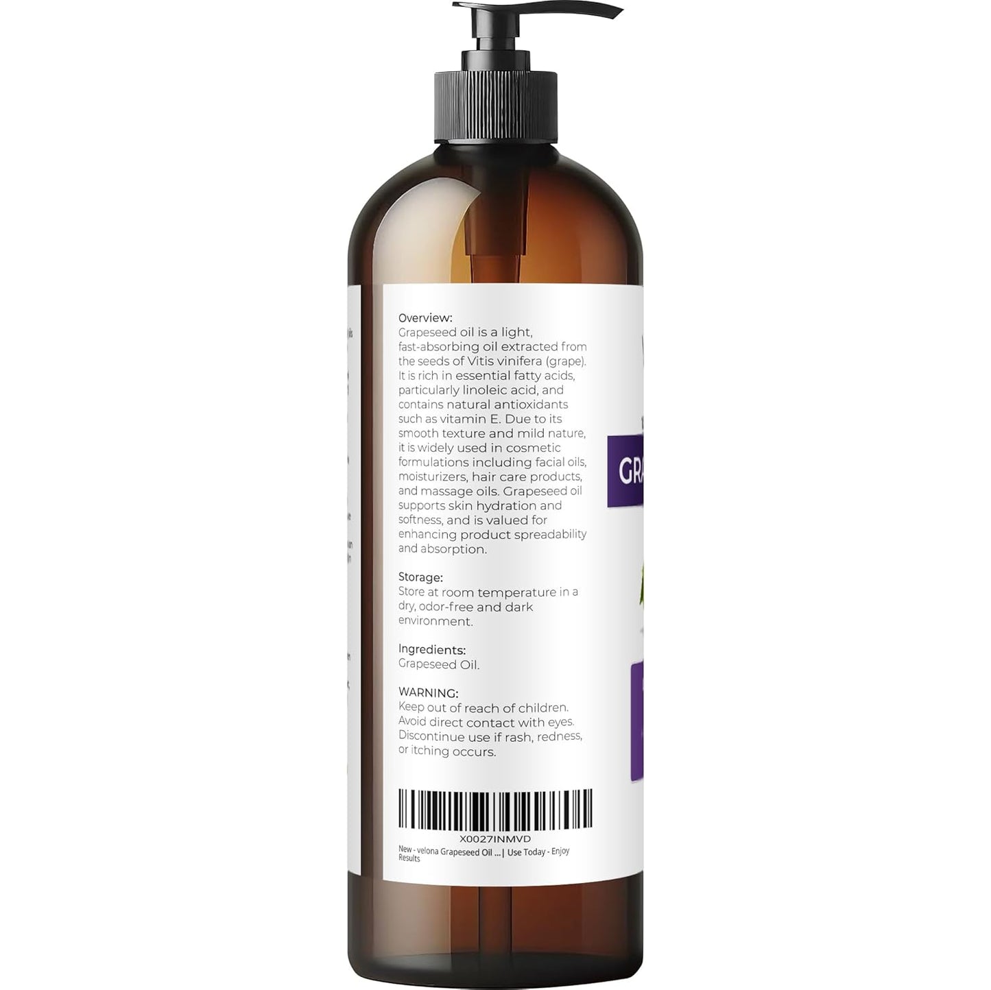 velona Grapeseed Oil 16 fl oz | 100% Pure and Natural Carrier Oil | Refined | Skin, Face, Body, Hair Care | Use Today - Enjoy Results