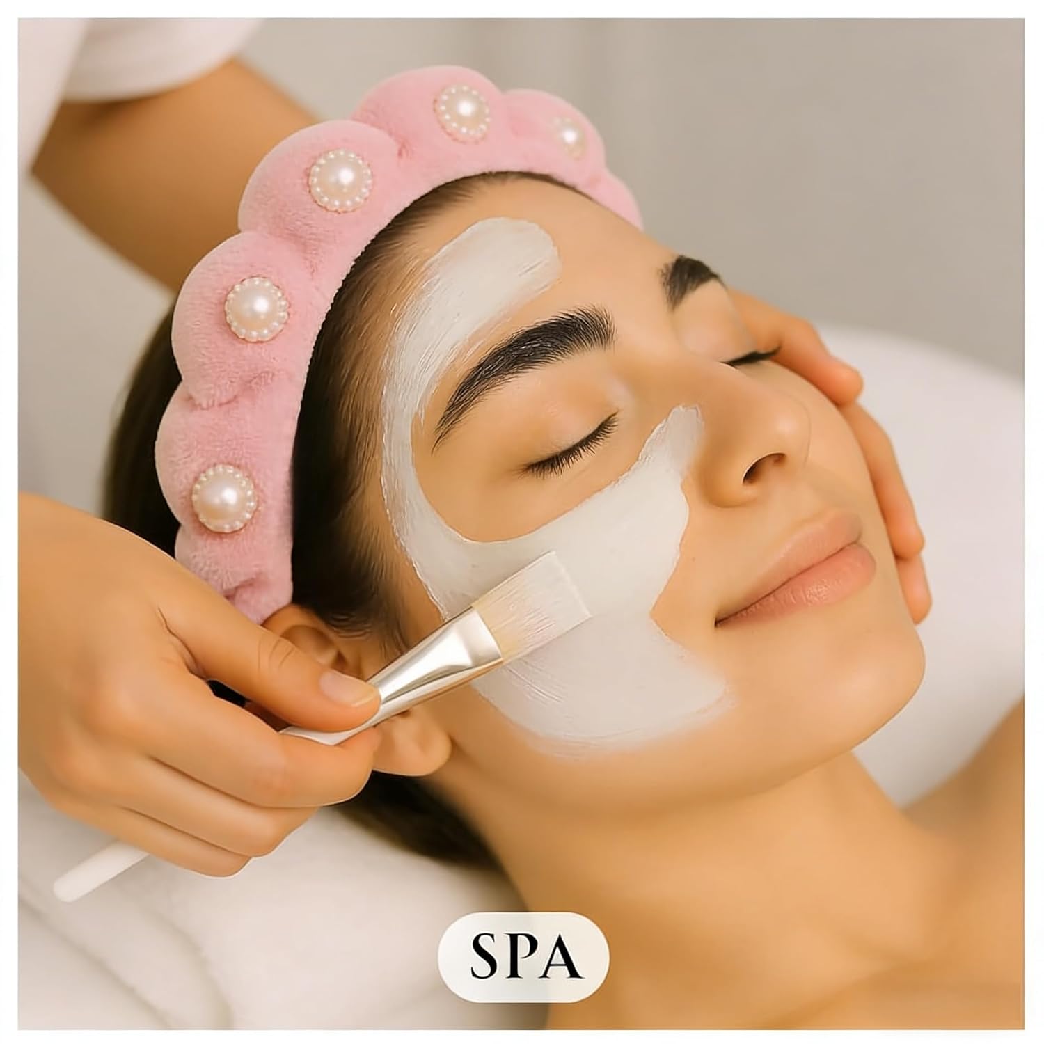 Pearl Rhinestone Headband for Women Girls Terry Cloth Spa Headband for Washing Face Makeup Skincare Puffy Head band (Pink)