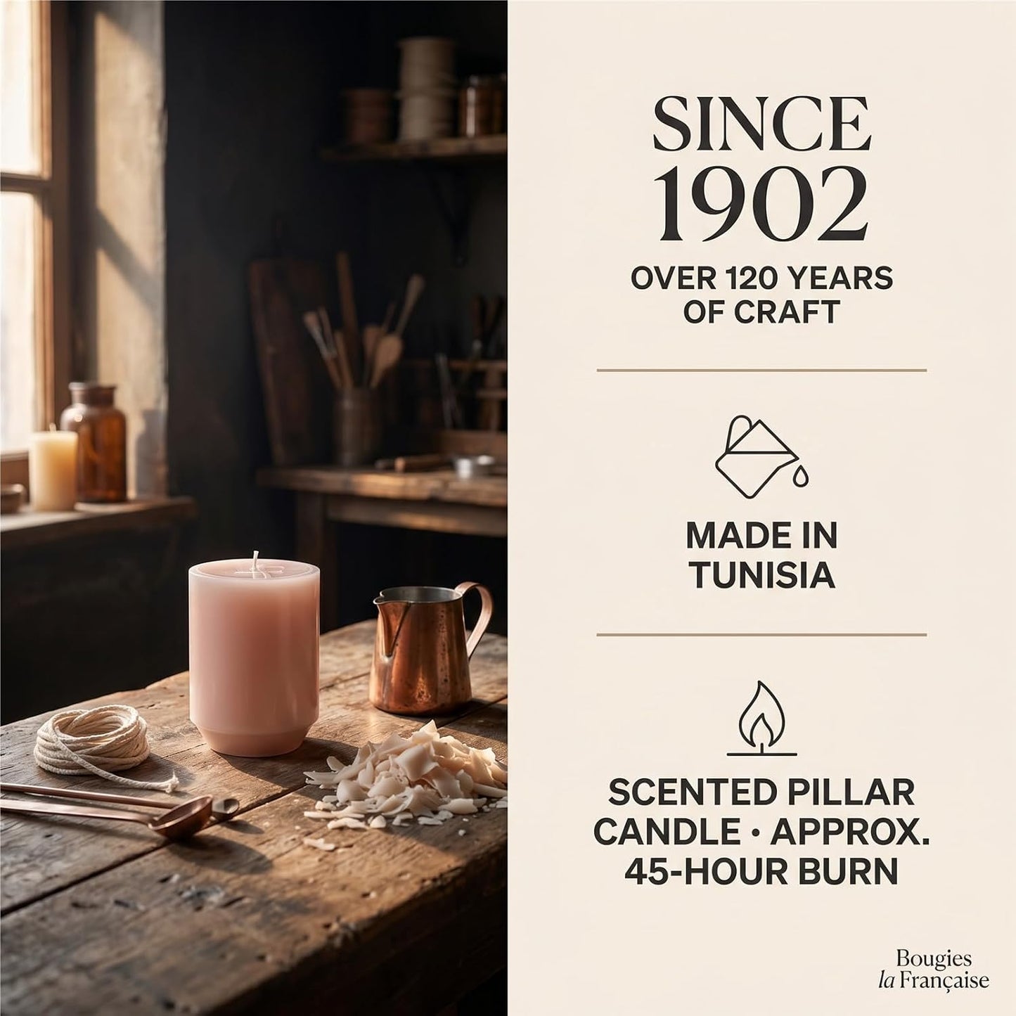 Bougies la Française Scented Pillar Candle, Peony Pink with Rose, Red Fruits and Elderberry Blossom, Made in Tunisia, Approx. 45-Hour Burn Time, 2.76 x 3.74 Inches