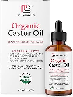 100% Pure Organic Castor Oil for Hair, Lash and Eyebrow Growth, Lymphatic Drainage and Skin Hydration | Hexane-Free, Cold Pressed, Unrefined in a 4 fl oz Glass Bottle with Dropper by M3