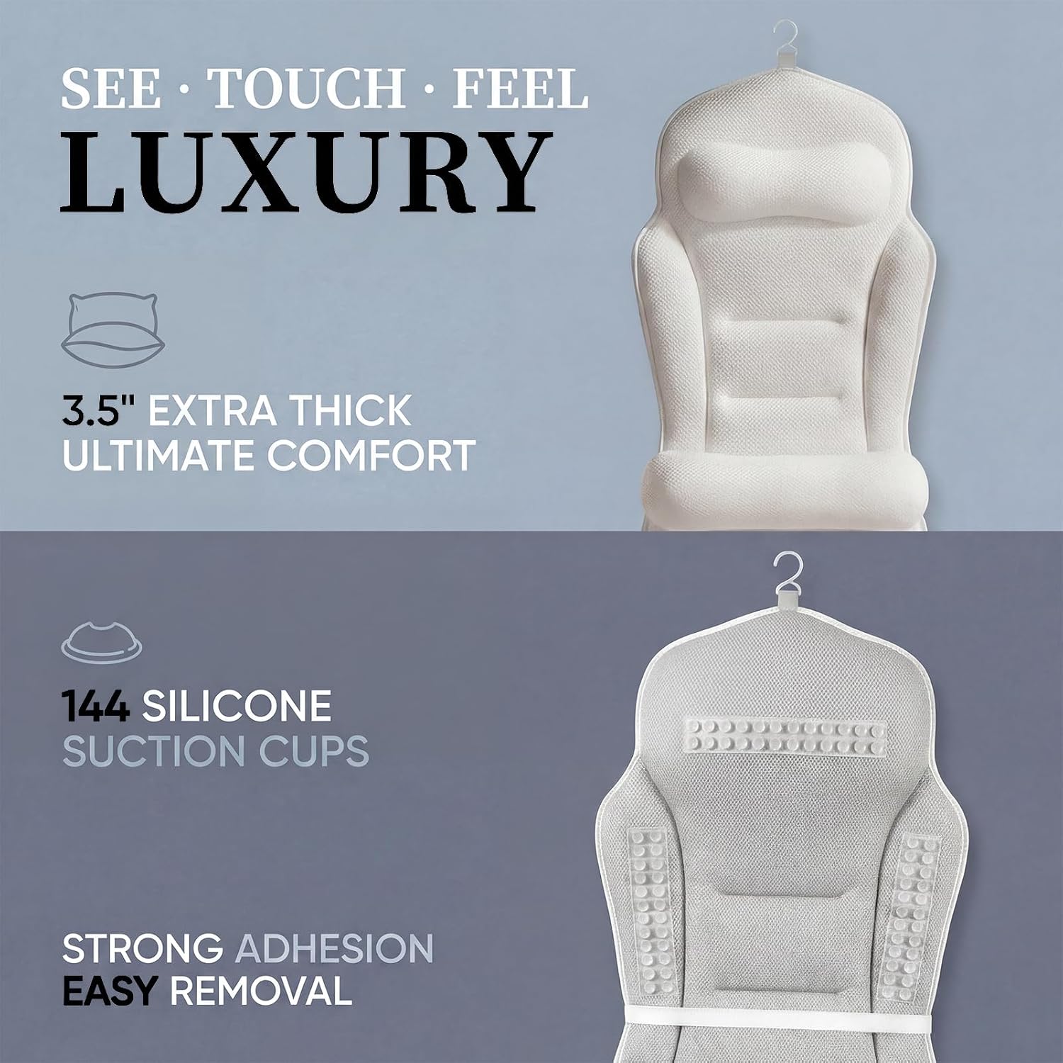 Full Body Bath Pillow for Bathtub, Adjustable Bathtub Pillows for Head and Neck Support, Extra Long Thick Bathtub Cushion with 192 Non-Slip Power Suction Cups, Spa Present Bath Pillow (52" x 17")