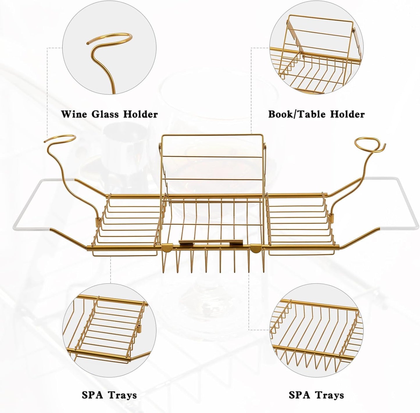 BDL Bathtub Caddy Expandable Bath Tub Tray Table with Wine Holder, Free Soap Dish and Laptop Reading Rack, Bathtub Tray for Home（Bronze）
