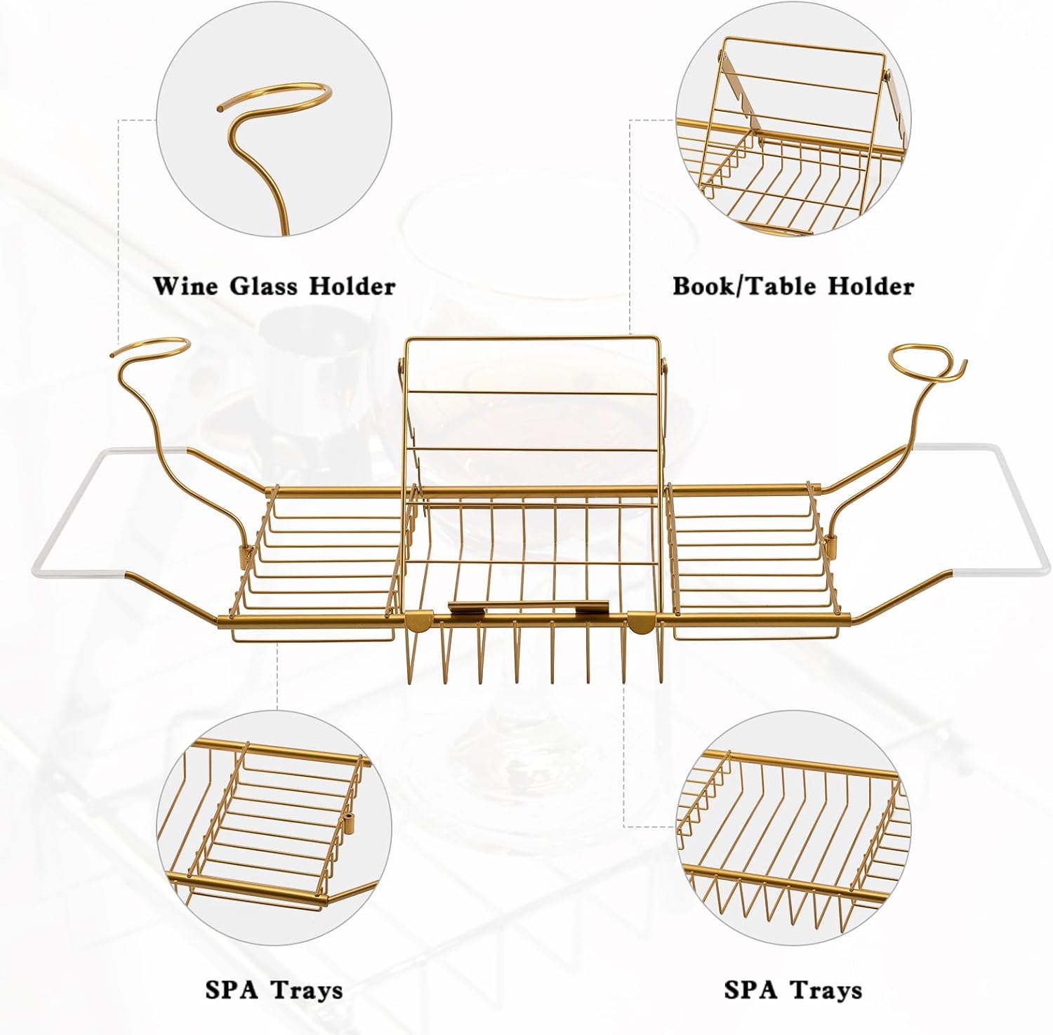 BDL Bathtub Caddy Expandable Bath Tub Tray Table with Wine Holder, Free Soap Dish and Laptop Reading Rack, Bathtub Tray for Home（Bronze）