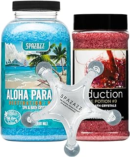 Spazazz Spa Aromatherapy Crystals for Hot Tub -Couples Gift for Love, Romance, Anniversaries -Love Potion #9 Seduction 17oz -Destinations Hawaii Aloha Paradise 22oz with 5 Point Full Body Massage Tool