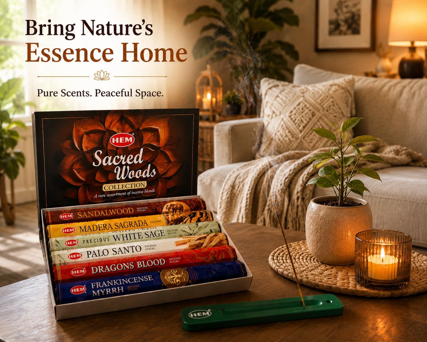Hem Incense Sticks Assorted Sacred Woods Pack (6 Sets x 20 Sticks) with Incense Stick Holder 120 Sticks Total | Sandalwood Dragons Blood Palo Santo White Sage Frankincense Myrrh