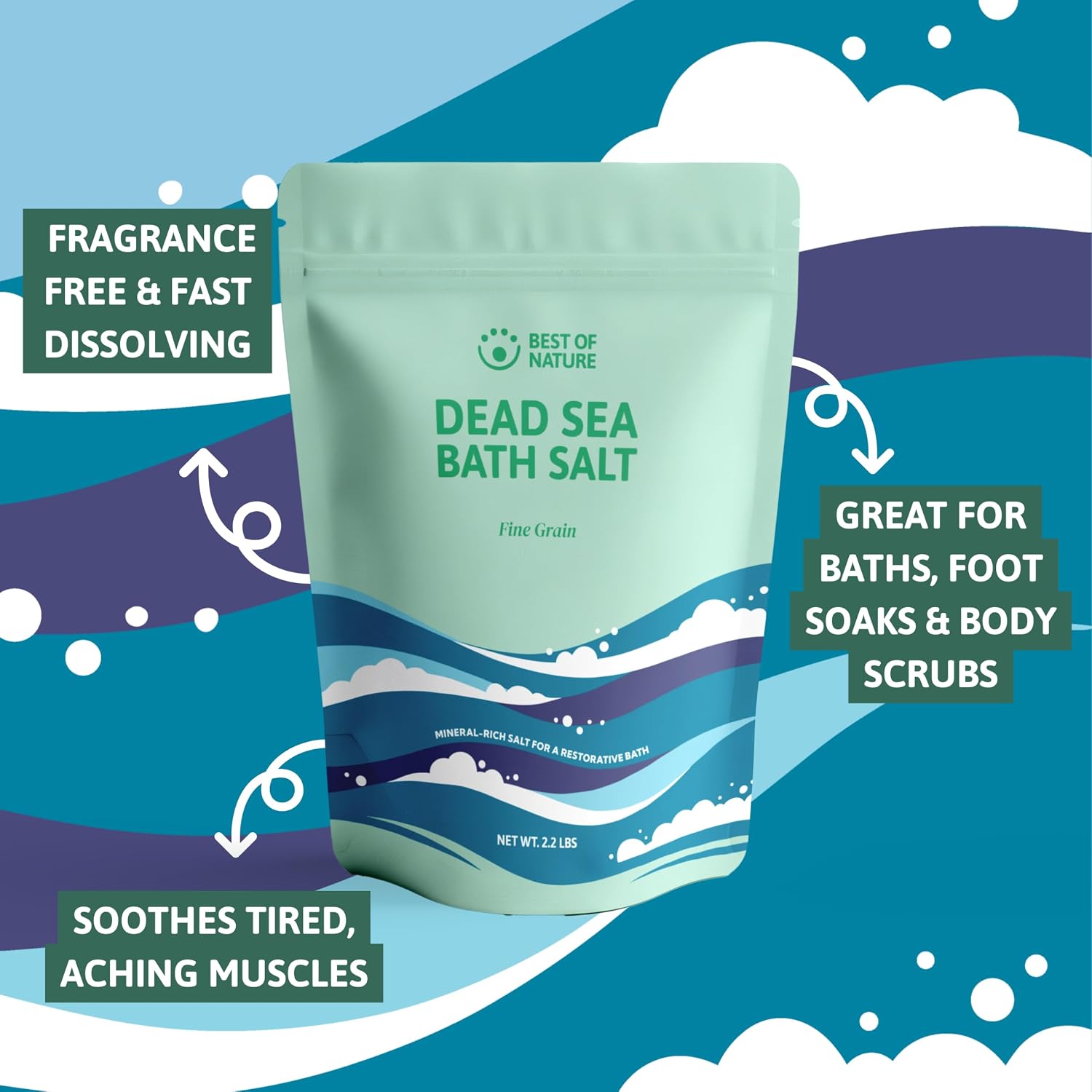 Best of Nature Dead Sea Salt 2.2 lb Fine Grain Bath Soak Salt, Mineral-Rich Crystals, Resealable Bag, Made in the USA