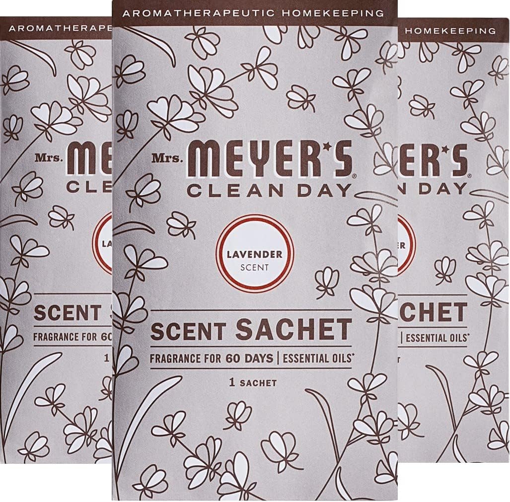 MRS. MEYER'S Clean Day Air Freshener Sachets, Fragrance for Your Locker, Car, Closet, and Gym Bag, Lavender, Pack of 3