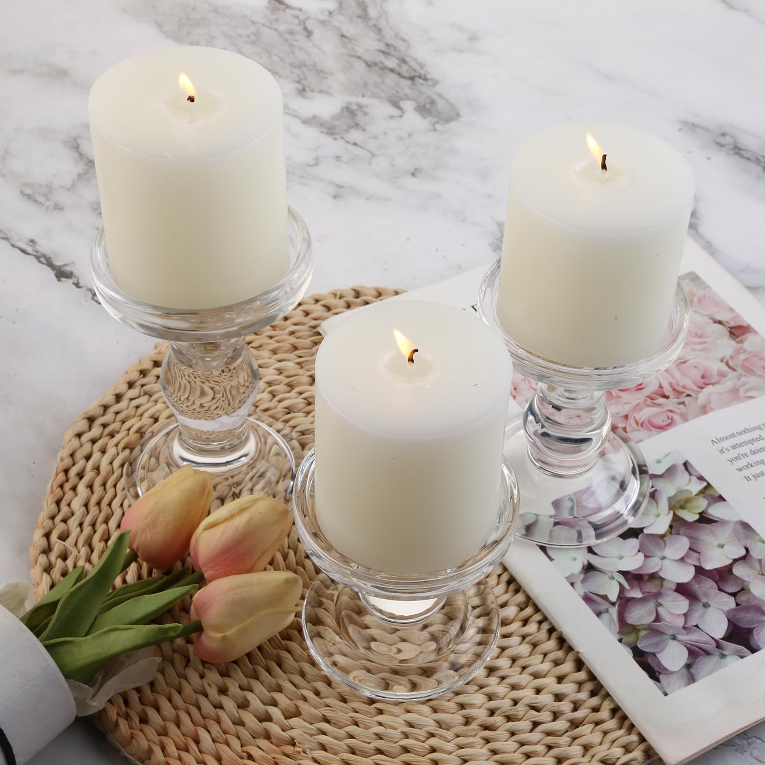 3-Piece Set of Glass Candlestick, Crystal Candlestick Holder Holder and Conical Candle, Christmas Candle Holder Decoration, Family Living Room Wedding Candle Holder (Clear)