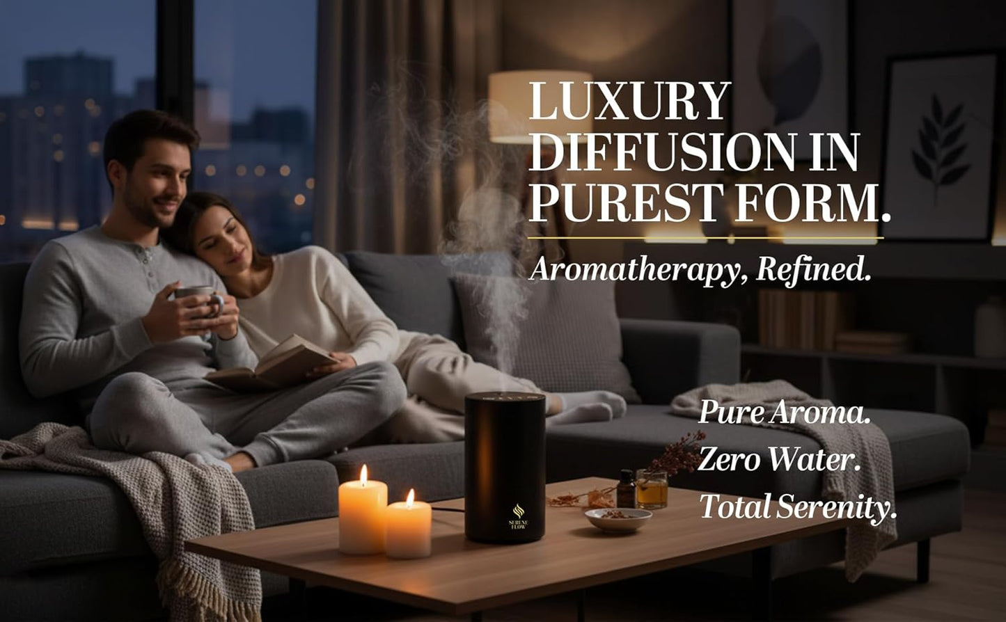 Waterless Essential Oil Diffuser, battery-operated cordless aromatherapy diffuser with timer & 3 mist levels. For car, home, office, yoga studio, nursery, bedrooms, and pet areas. Black aluminum alloy