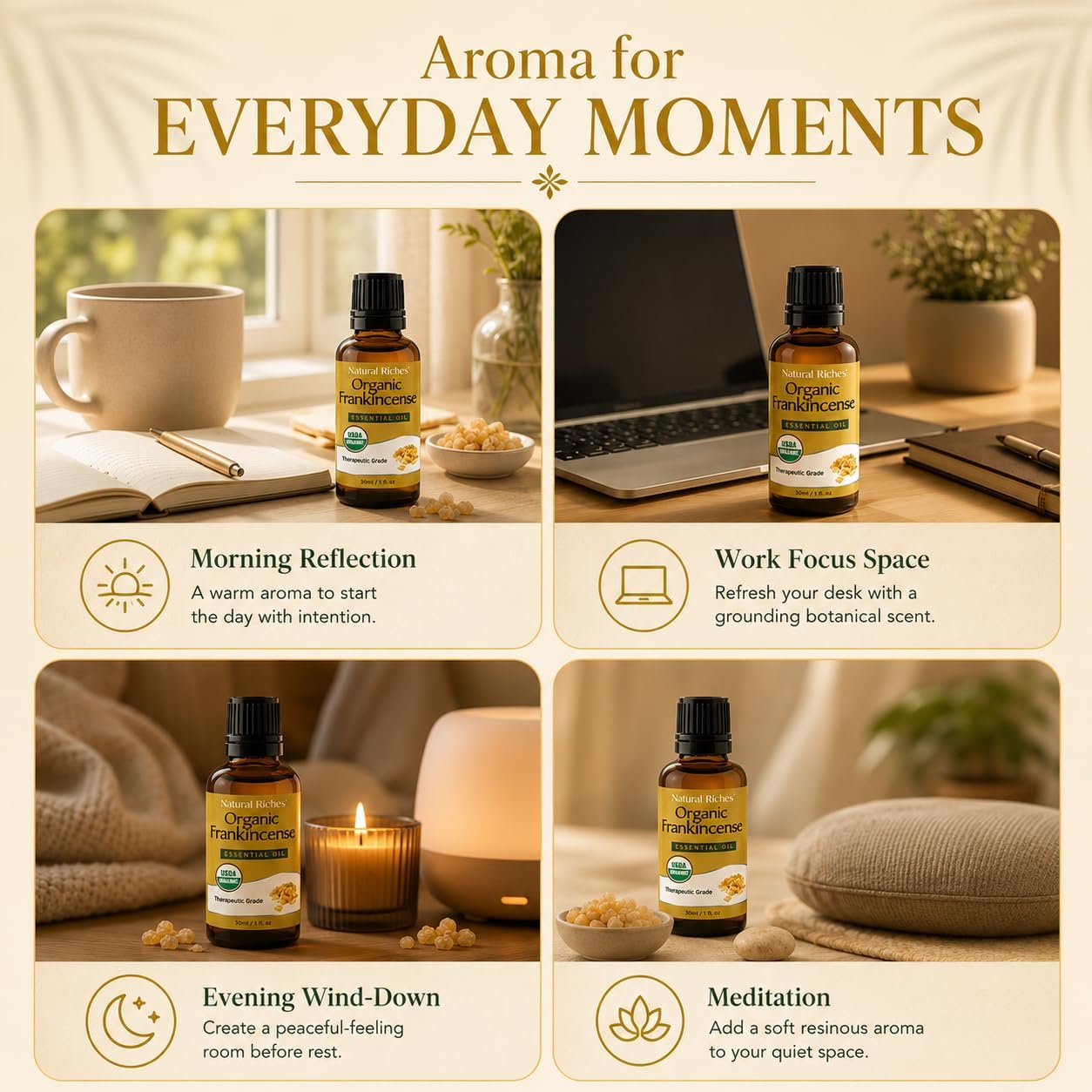 Natural Riches USDA Organic Frankincense Essential Oil 30 ml - Boswellia Serrata, 100% Pure Natural Undiluted, Therapeutic Grade for Diffuser Aromatherapy Premium Certified Organic