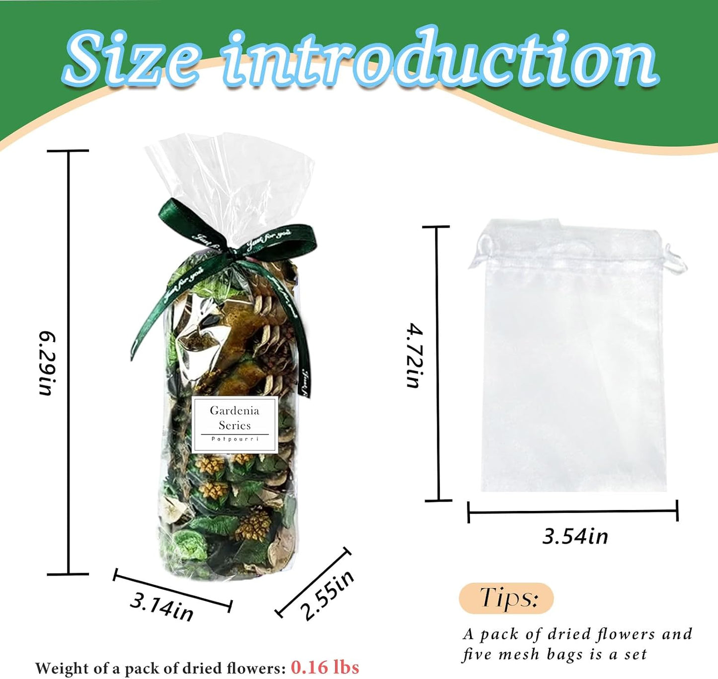 Potpourri Bags with 5 Clear Mesh Bags – Green Dried Flower Petals for Vase Filler, Bathroom Decor, Travel Sachets & DIY Fragrance