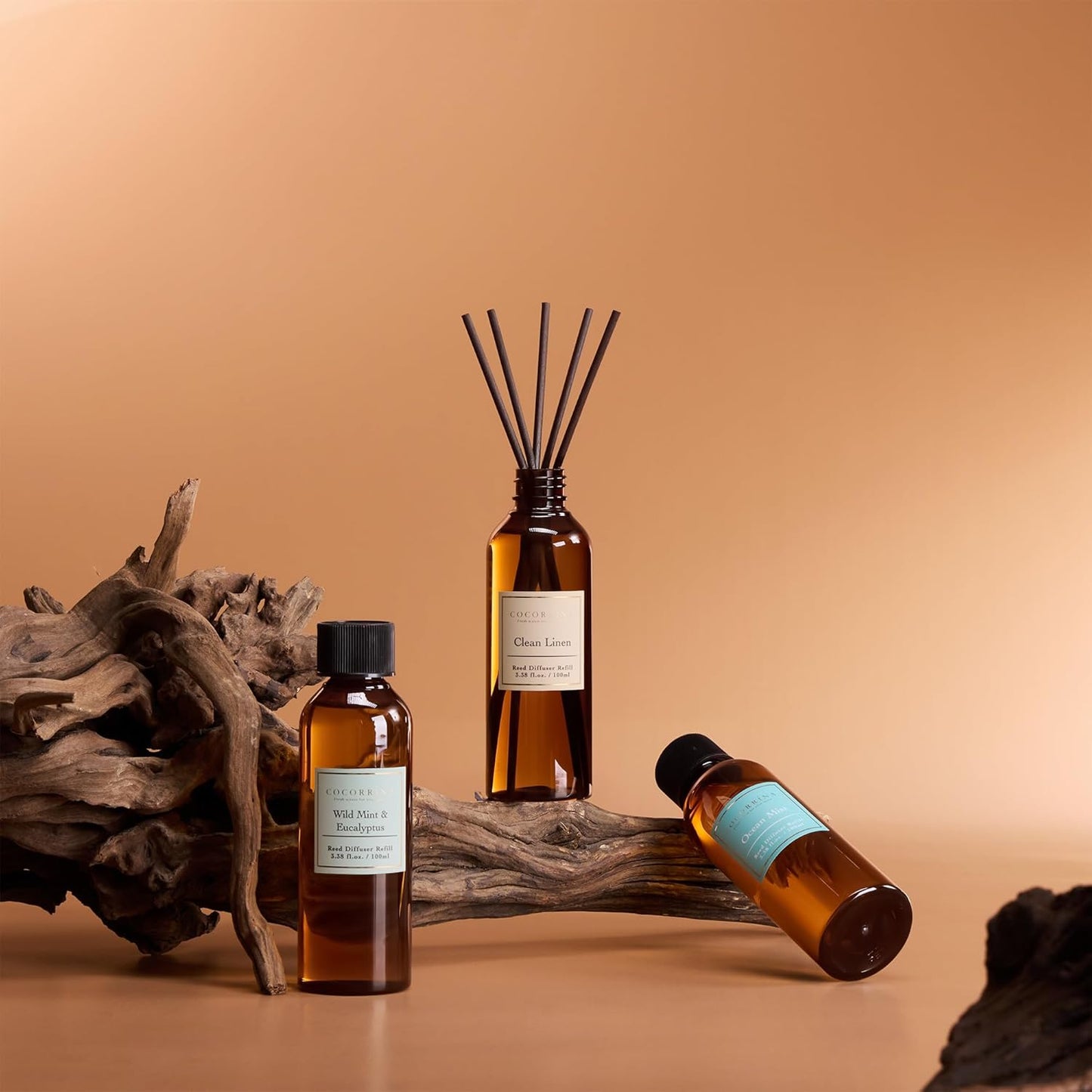 COCORRÍNA Reed Diffuser Refill Set, 10.2oz Scented Oil Refill 3 Pack, Clean Linen, Ocean Mist, Eucalyptus & Moss, Long Lasting Oil Diffuser Refill with 18 Sticks for Bathroom & Bedroom